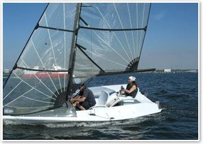 Jacqui helming the Skud 18